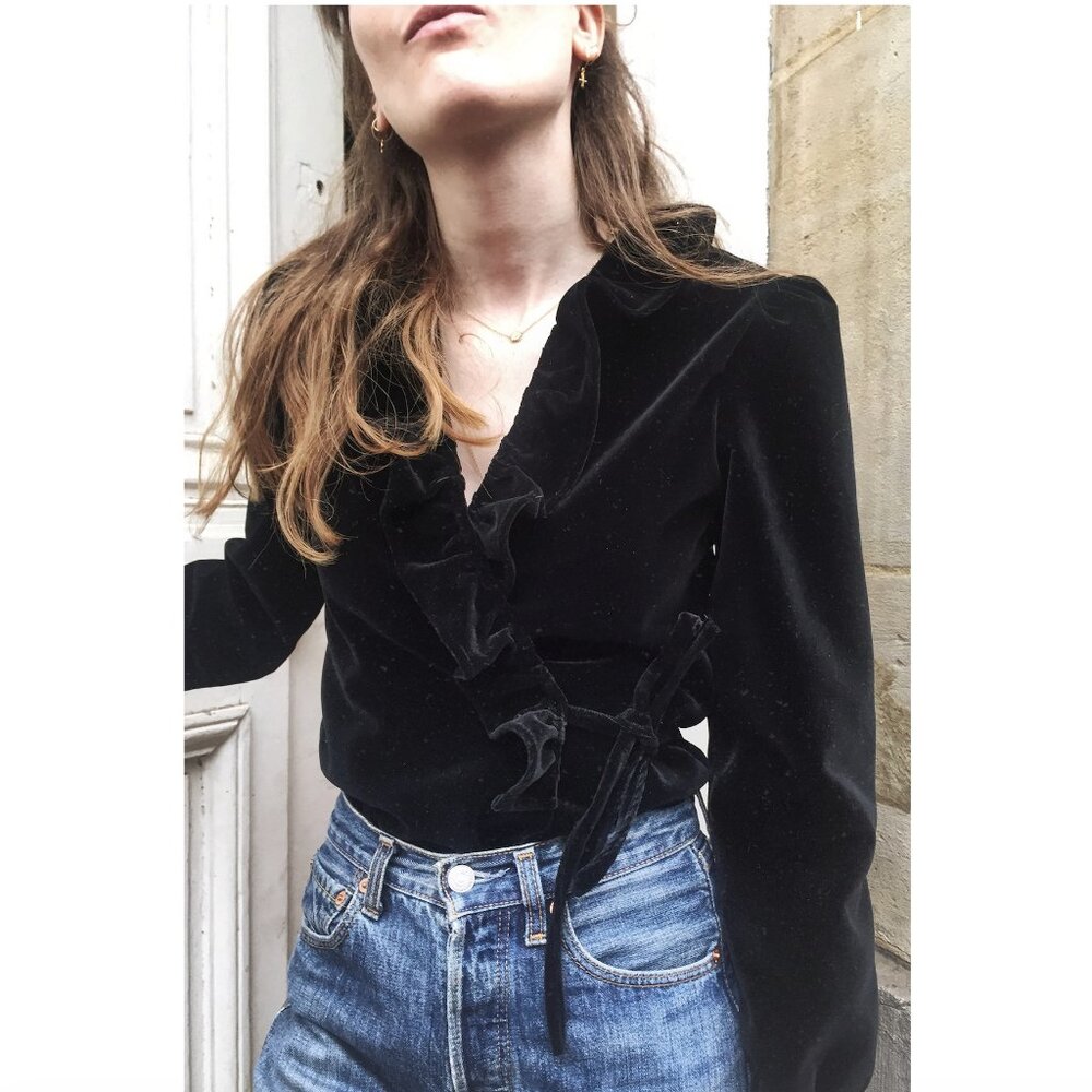 MaisonCleo HELENE black velvet wrap cotton blouse SZ S / 36